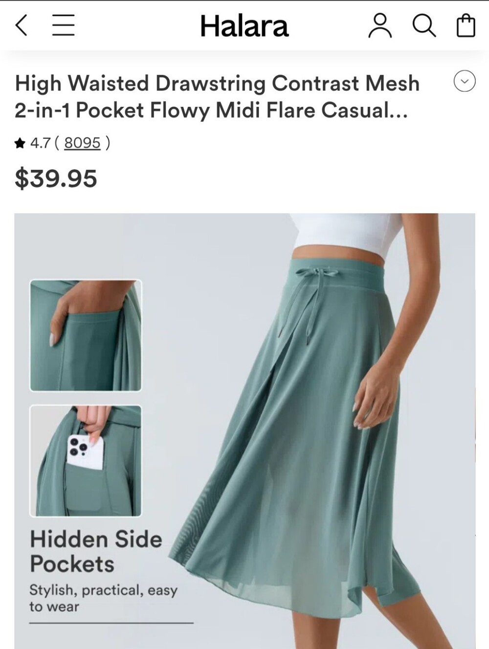 Halara High Waist Drawstring Mesh Pocket Flowy Midi Flare Skort Size S